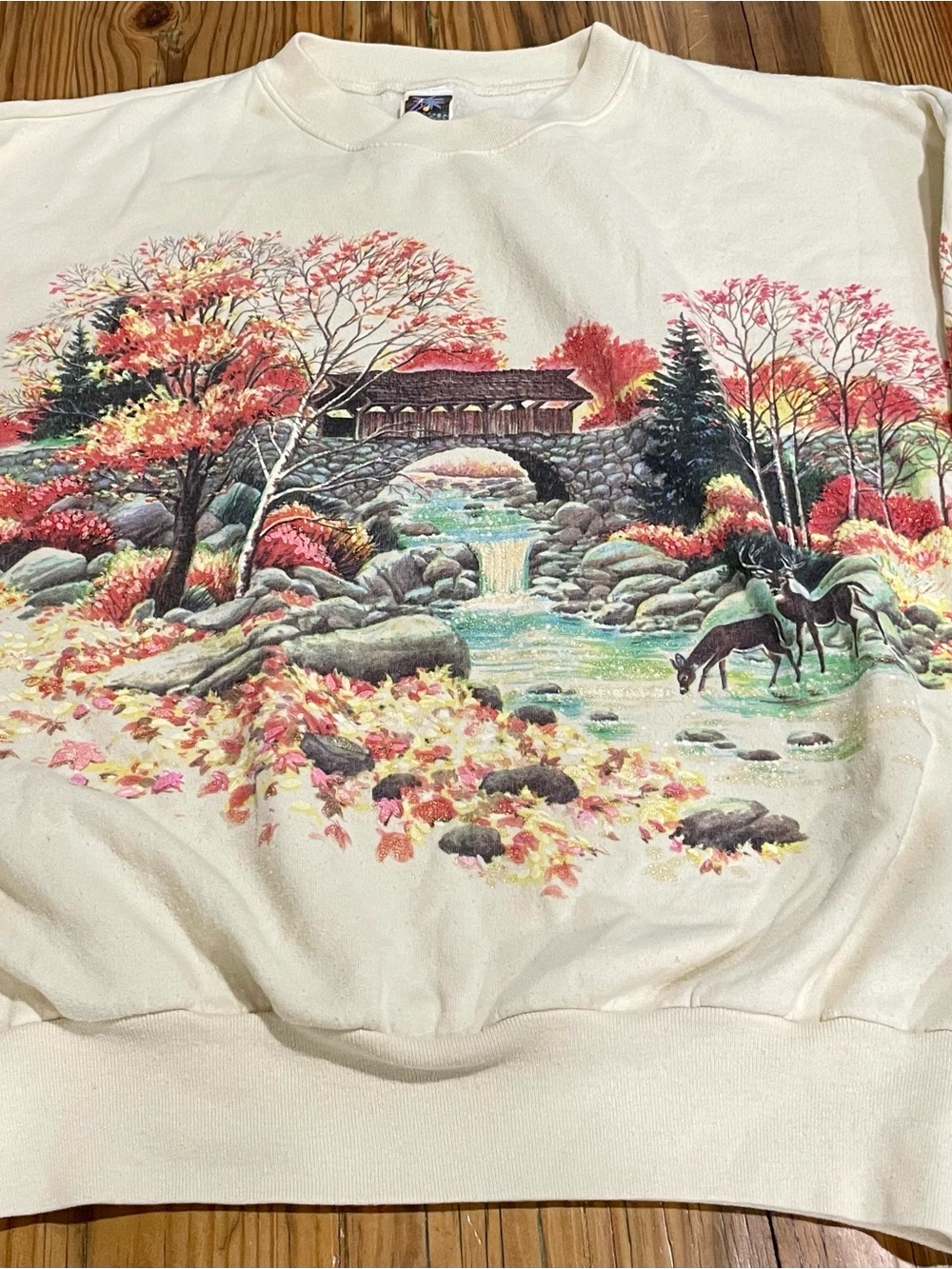 Vintage 90s Lifestyles AOP Nature Covered Bridge Deer Sweatshirt One Size XL USA